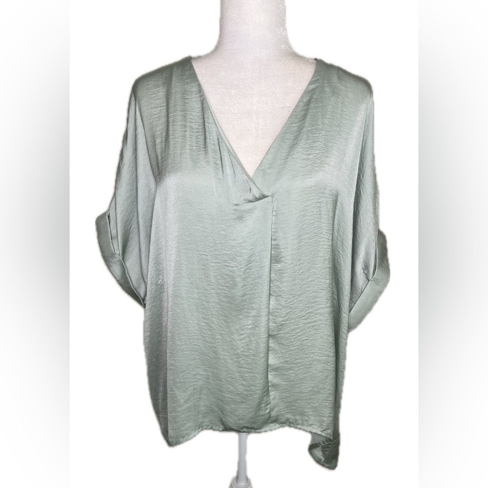 Glam Pastel Sage Green Satin VNeck Relaxed Oversized Dolman Tunic Top S Small